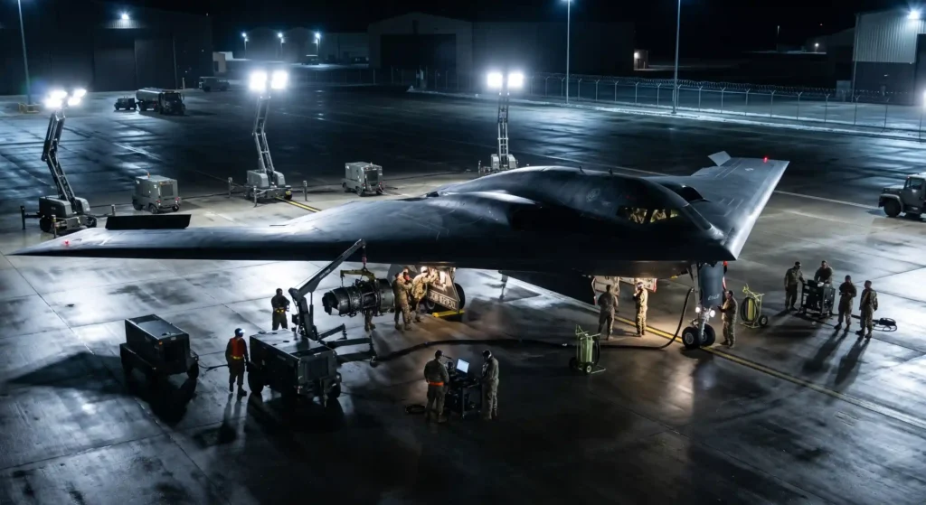 A modern stealth strategic bomber on a brightly lit tarmac at night, symbolizing the ongoing modernization of global nuclear arsenals.