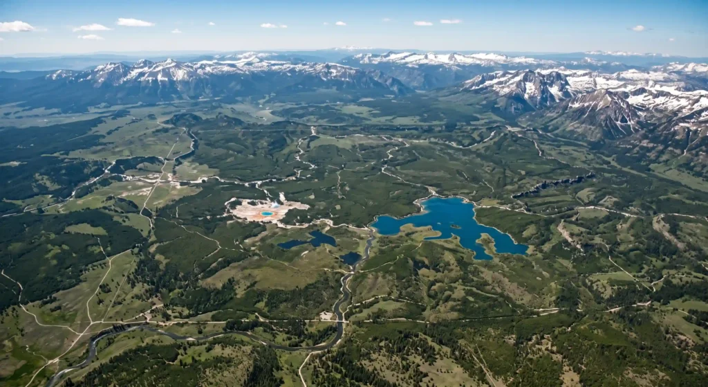 High-angle aerial view capturing the massive 55x72 kilometer Yellowstone supervolcano caldera depression in Wyoming, showing its immense geological scale.