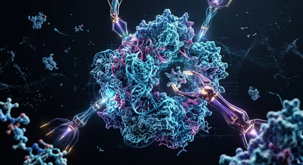 A 3D molecular visualization of a synthetic mirror ribosome being assembled, representing the greatest technical barrier to creating mirror life.
