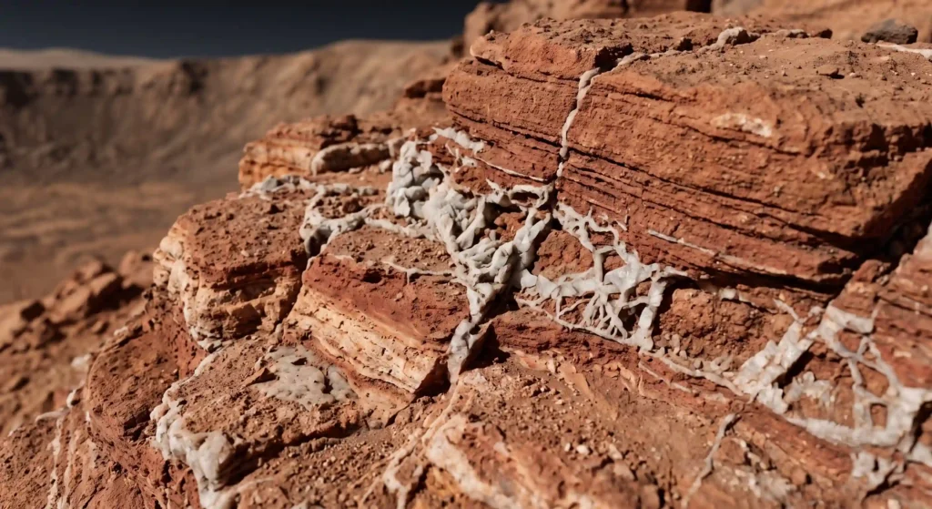 Close-up of Martian sedimentary rock containing carbonate minerals, showing where some of the ancient atmosphere was chemically buried.
