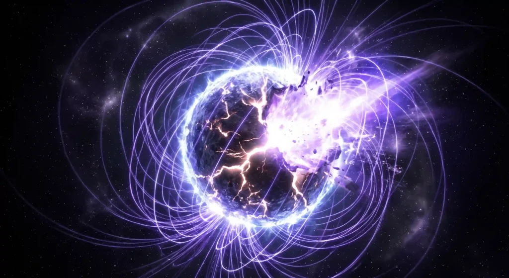 A magnetar with intense magnetic field lines and a bright starquake flare cracking its crust