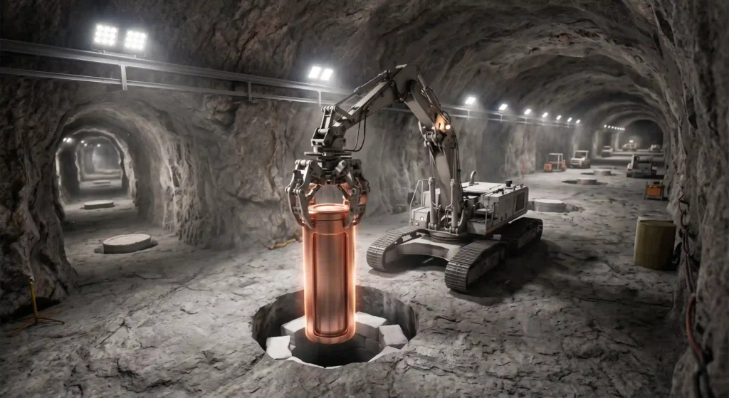 A deep geological repository in solid bedrock where sealed copper canisters of spent nuclear fuel are stored for thousands of years.