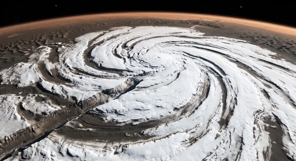 Orbital view of the spiraling layers of the Martian north polar ice cap, which holds vast amounts of water ice.