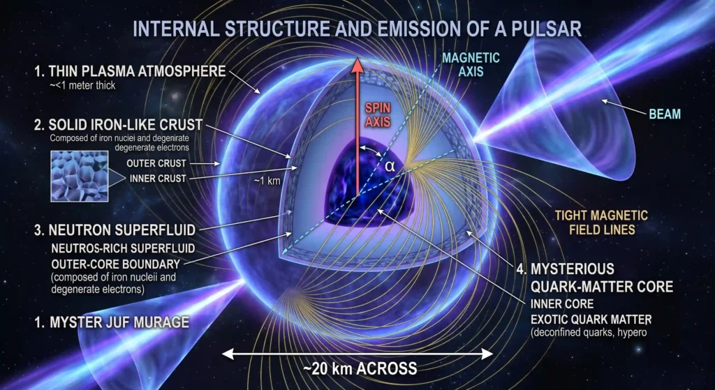 Diagram of a pulsar with twin radiation beams sweeping from its tilted magnetic poles like a lighthouse