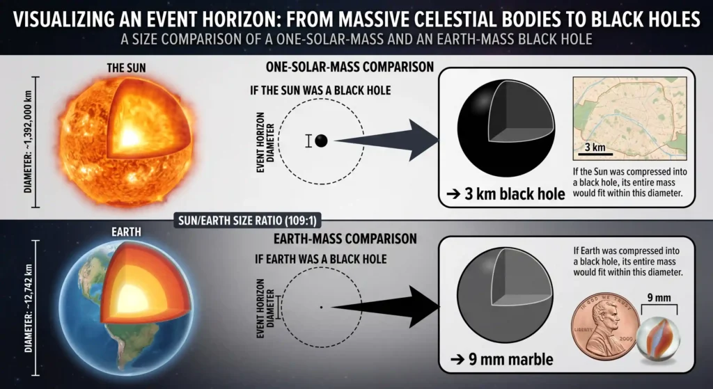 Size comparison showing the Sun would become a 3-kilometre black hole and Earth a 9-millimetre one
