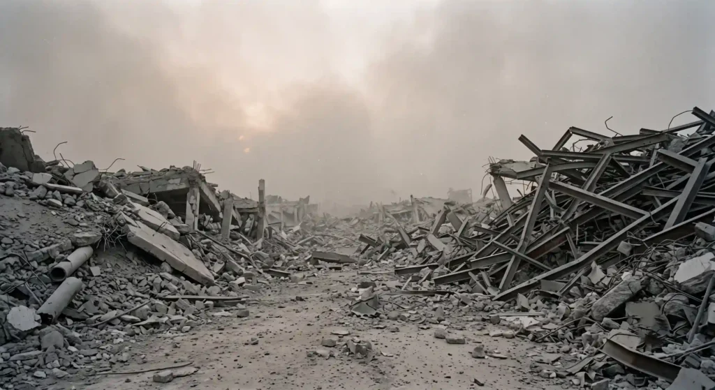 Ground-level view of a city completely destroyed by the kinetic blast wave of a nuclear detonation.