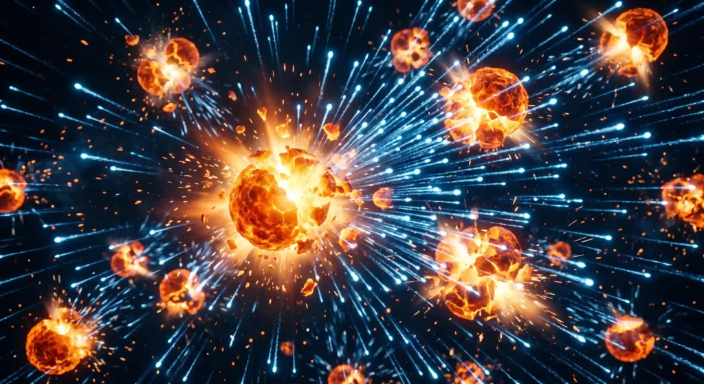 A macro visual of a self-sustaining nuclear chain reaction, where released neutrons continuously split heavy uranium nuclei.