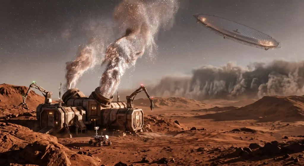 A Martian surface facility releasing engineered metallic nanoparticles into the atmosphere as a cheaper, efficient alternative to warm the planet.