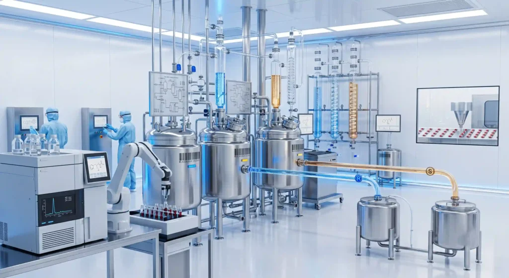An ultra-modern pharmaceutical cleanroom with glass distillation tubes, representing the high-tech manufacturing of single-enantiomer chiral drugs.