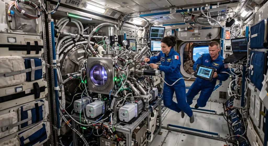 High-tech equipment in a laboratory creating the coldest place in the universe near absolute zero.