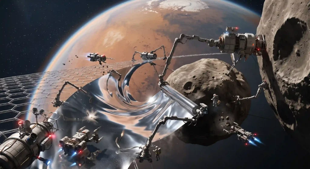 Autonomous industrial spacecraft manufacturing a giant solar mirror in space using materials mined from the Martian moon Phobos.