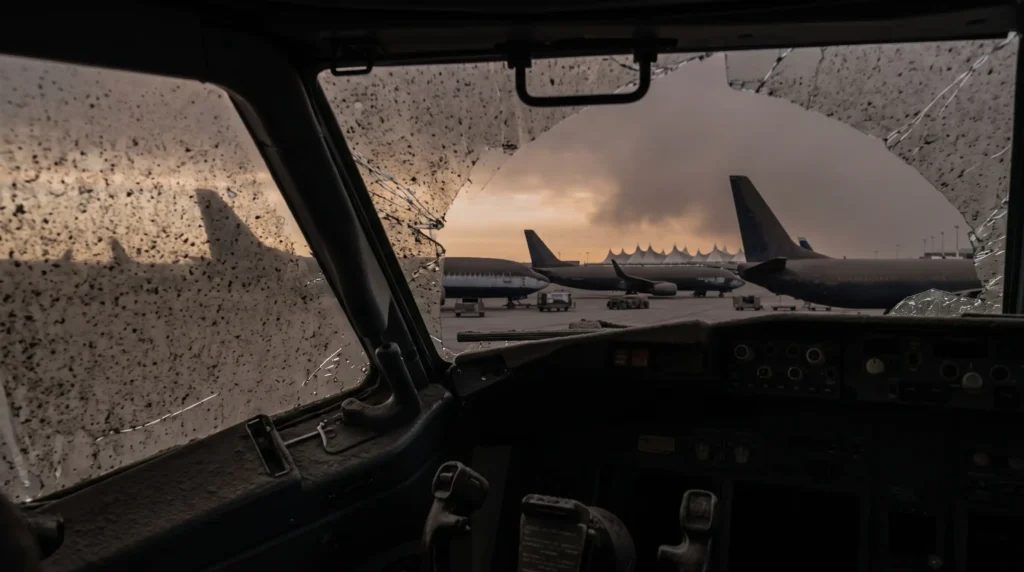 Cockpit view of an grounded commercial airliner, its window and engines choked by volcanic ash from Yellowstone, paralyzing global aviation.