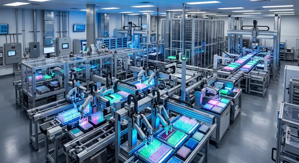 A highly automated biofoundry laboratory using robots to run thousands of design-build-test-learn cycles in parallel.