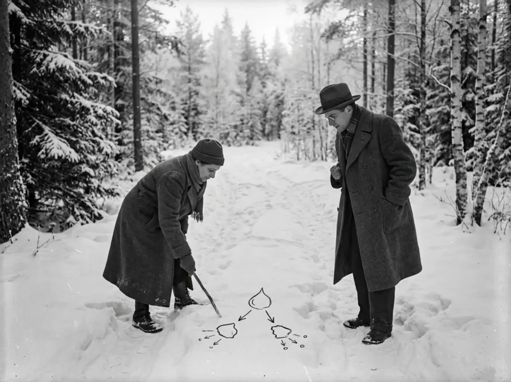 Physicists Lise Meitner and Otto Frisch walking in a snowy Swedish forest in 1938, sketching the concept of nuclear fission.