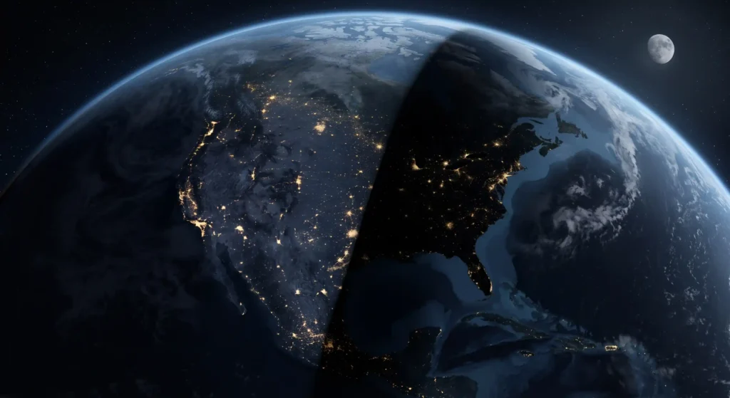 Satellite view of North America at night suddenly plunging into total darkness due to a high-altitude nuclear EMP.