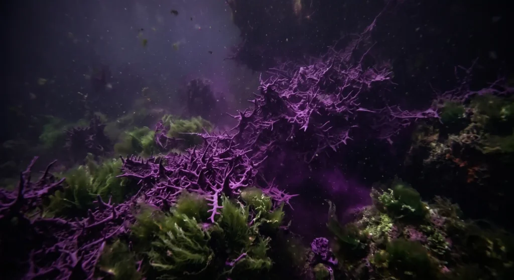 An invasive synthetic microbial bloom taking over an ocean ecosystem, representing the ecological catastrophe of escaped mirror life.