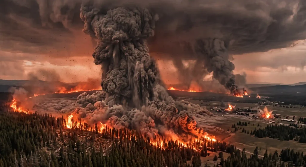 Yellowstone super-eruption at the moment of column collapse, showing massive pyroclastic flows incinerating the landscape.