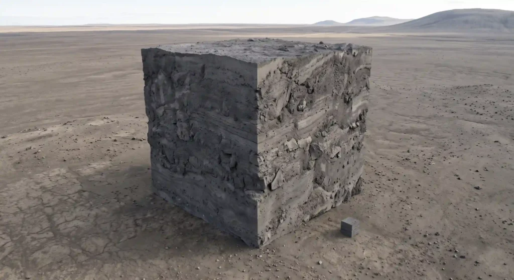 Visual comparison showing the thousandfold difference in erupted volume between a VEI 5 eruption and a massive VEI 8 super-eruption cube.