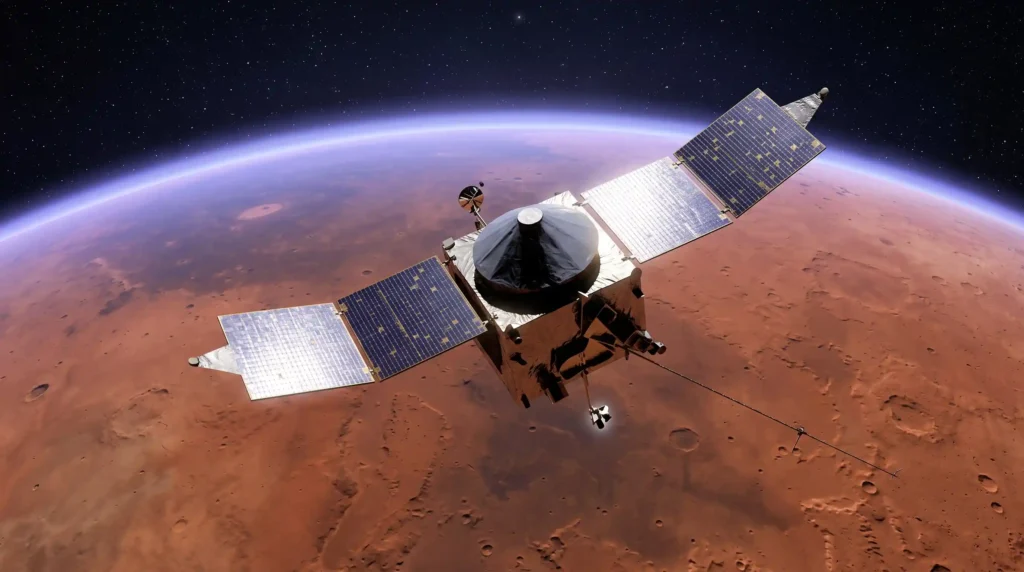 The NASA MAVEN spacecraft orbiting Mars, studying how the solar wind strips away the planet's atmosphere.