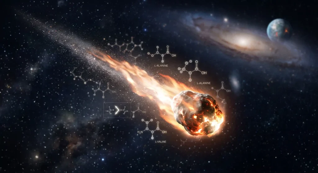 A glowing meteorite traveling through space surrounded by faint molecular structures, representing the cosmic origin of homochirality.