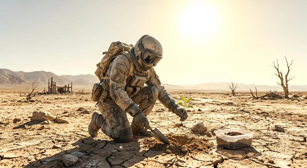 A survivor in protective gear trying to farm under a blinding, harsh sun due to extreme ozone depletion after a nuclear winter clears.