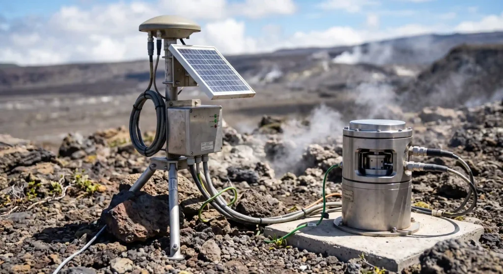 High-tech GPS and seismometer equipment monitoring ground deformation and earthquakes on a restless volcanic caldera.