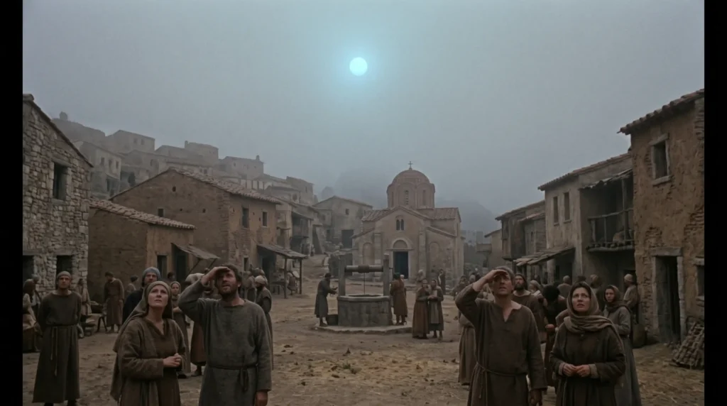 An ancient 6th-century village under a dim, bluish sun and thick volcanic fog, depicting the severe volcanic winter of 536 AD.