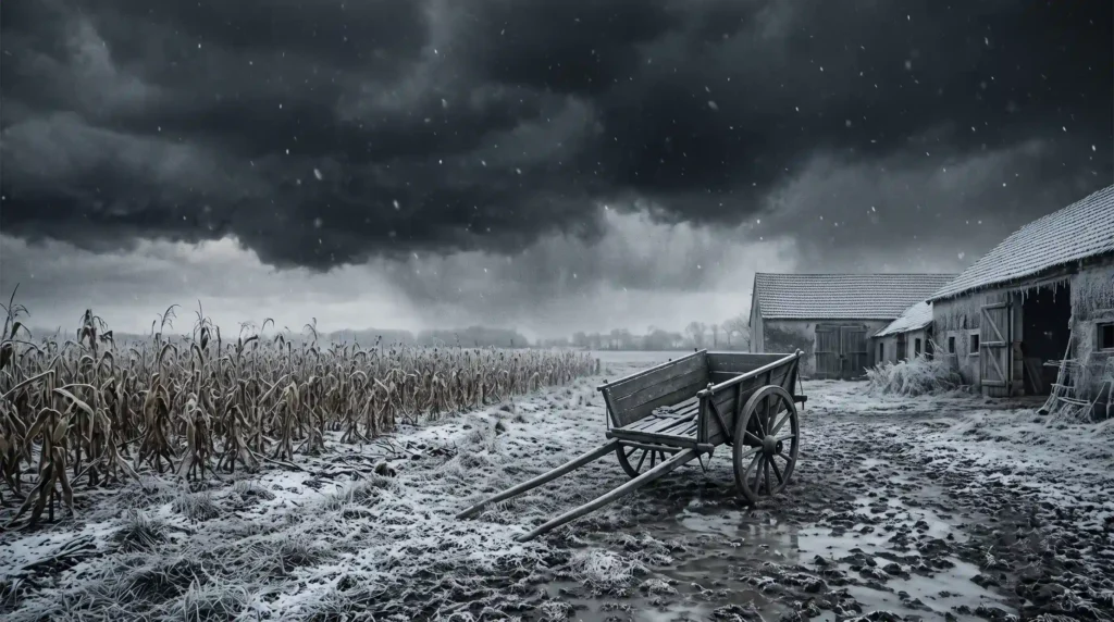 A bleak 19th-century farm covered in unexpected summer snow and frost during the 1816 Year Without a Summer after the Tambora eruption.