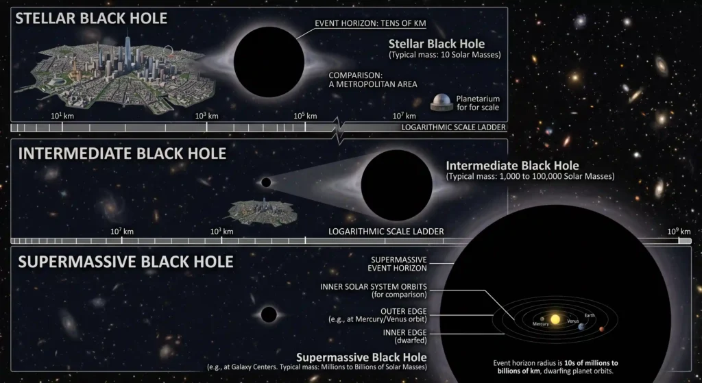 Scale comparison of stellar, intermediate and supermassive black holes against a city and the solar system