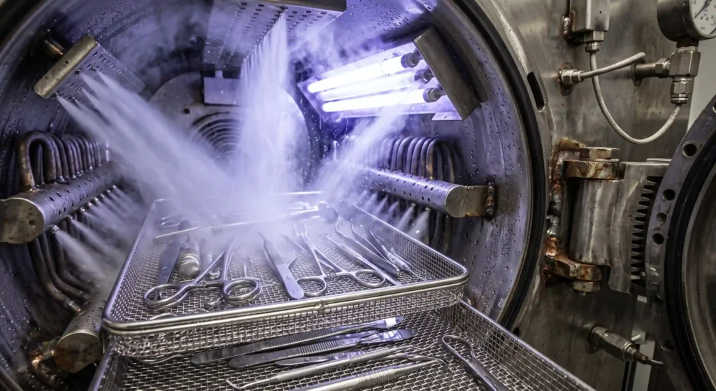 High-pressure steam and ultraviolet light inside an industrial autoclave, showing the physical methods that can effectively destroy mirror life.