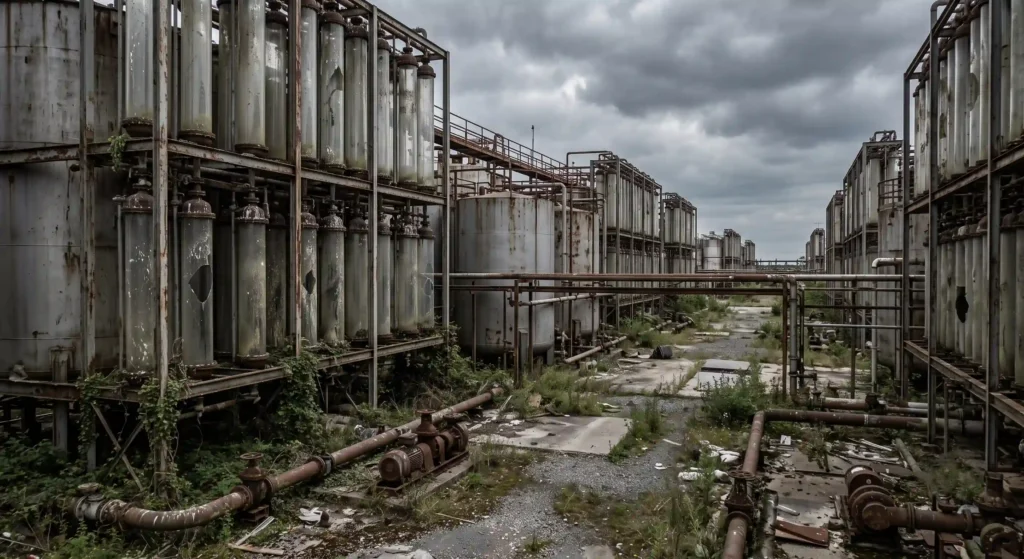 An abandoned industrial bioreactor facility, symbolizing the economic failure of synthetic biology in early biofuel production.