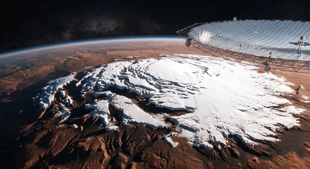 High-resolution view of the Martian south pole, containing the vital frozen CO2 needed to trigger a greenhouse effect.