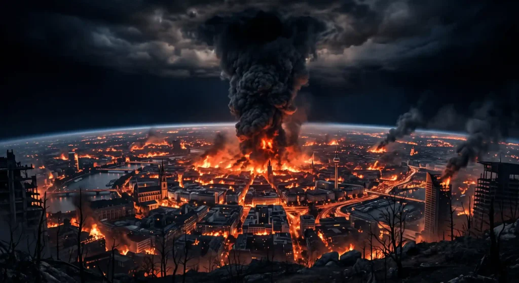 A modern city engulfed in a nuclear firestorm, injecting massive amounts of black soot into the stratosphere.