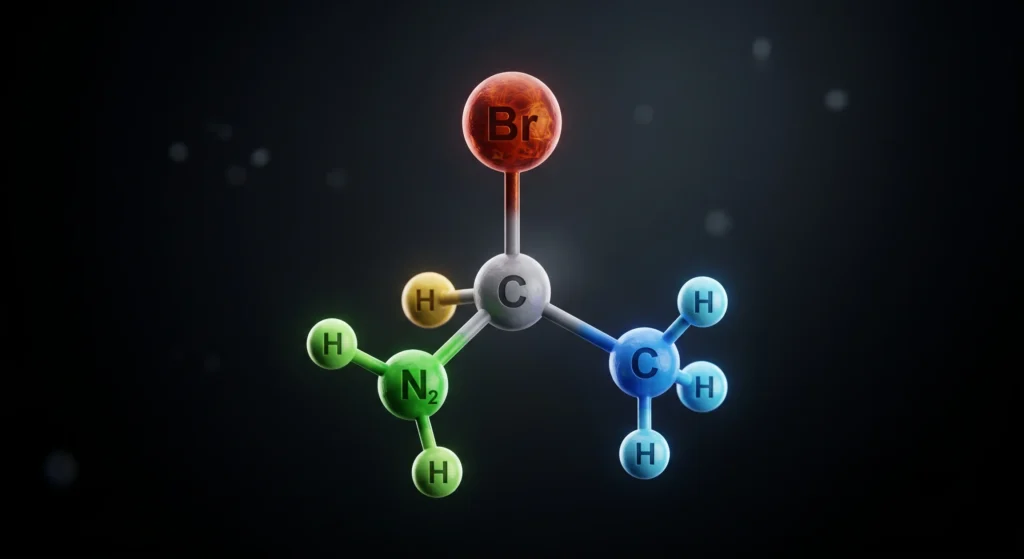 A 3D macro rendering of a carbon atom connected to four different groups, demonstrating the tetrahedral structure of a chiral stereocenter.