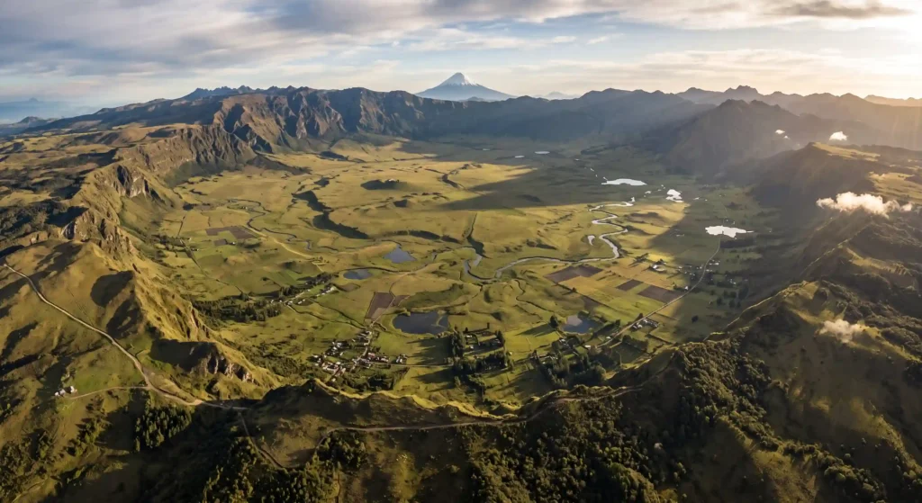 Aerial view comparing a massive flat caldera depression of a supervolcano to a traditional cone volcano, highlighting their immense scale.