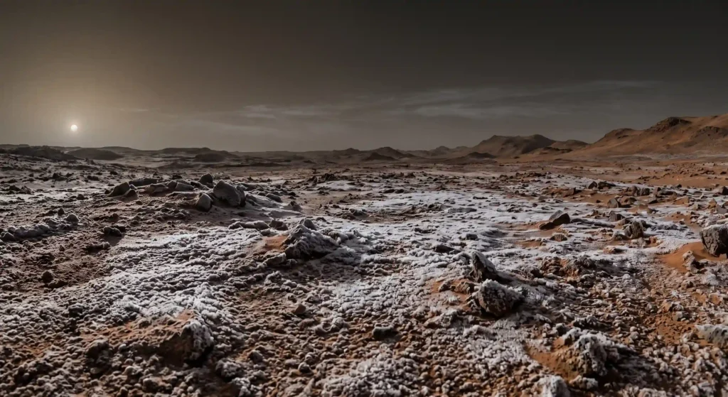 A freezing, barren Martian desert under a very thin atmosphere, showing the harsh reality of modern Mars.