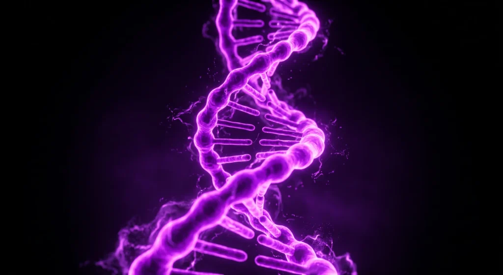 A glowing purple left-handed DNA double helix, symbolizing the unnatural and potentially dangerous concept of synthetic mirror life.