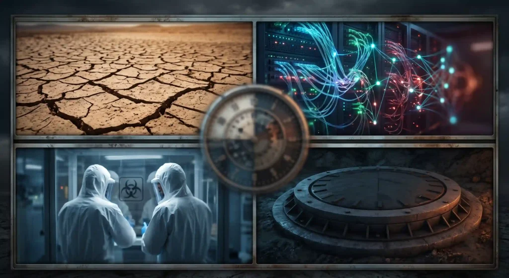 A visual representation of modern global threats including climate change, artificial intelligence, biological risks, and nuclear weapons.