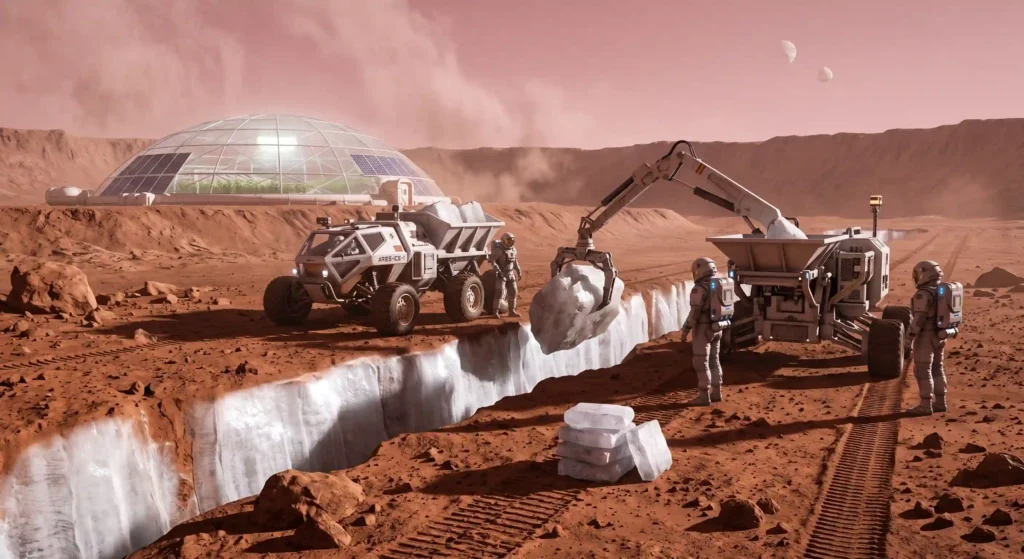 Astronaut exploration rovers and equipment mining subsurface water ice on Mars to support a future human colony.