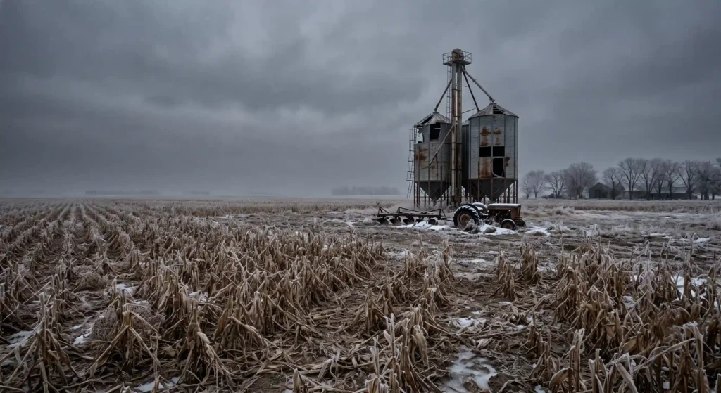 A frozen, dead agricultural field under a dark, soot-filled sky, representing global famine after a nuclear war.