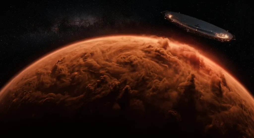 A massive global dust storm completely enveloping Mars, demonstrating a critical failure mode that could block sunlight from a terraforming mirror.