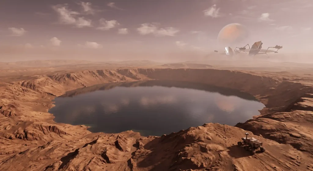 A partially terraformed Mars showing liquid water pooling in ancient basins under a thicker, but still unbreathable, atmosphere.