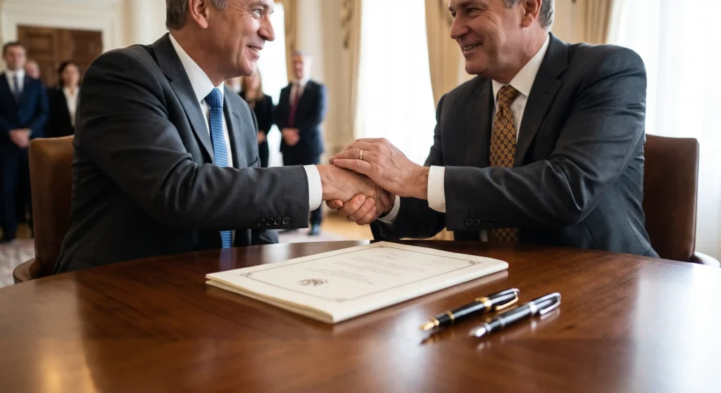 World leaders shaking hands over a signed arms-control treaty, representing the diplomatic actions needed to move the Doomsday Clock backward.