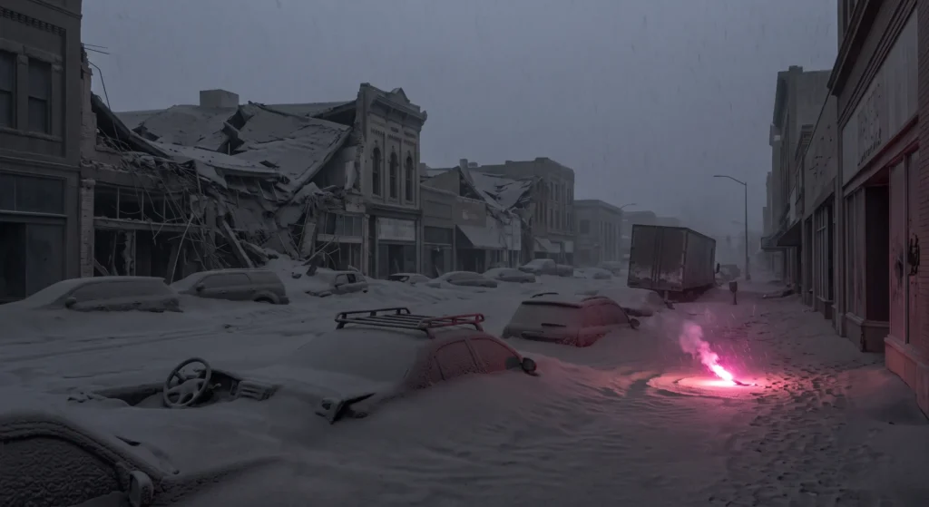 Street-level view of Billings, Montana, buried under a meter of heavy, grey volcanic ash from the Yellowstone supervolcano eruption, showcasing infrastructure failure.