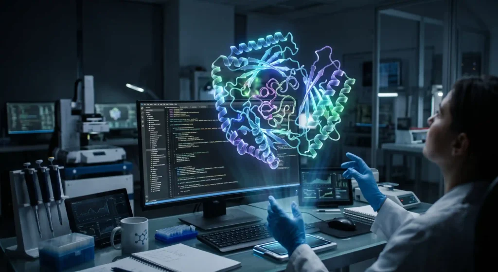A glowing 3D protein structure hovering over a computer screen, representing AI and machine learning in synthetic protein design.