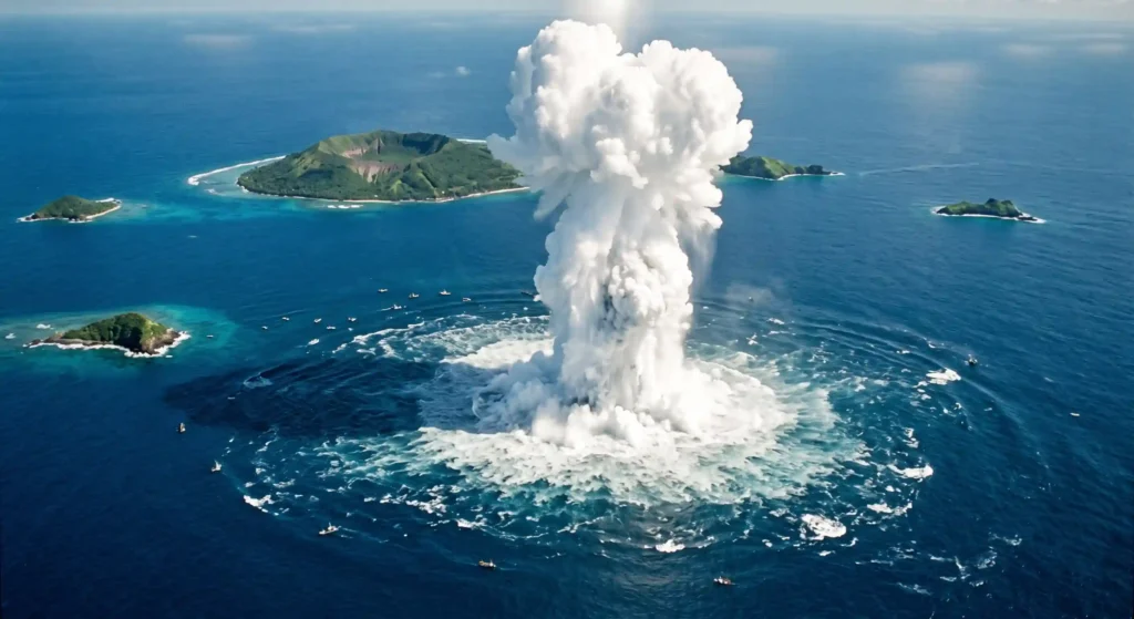Massive plume of white steam and water vapor from an underwater volcanic eruption, demonstrating why events like Hunga Tonga don't cause cooling.