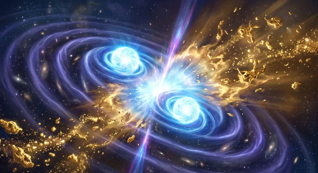 An illustration of two neutron stars merging — two brilliant spheres spiralling together with spacetime-warping ripples and a bright kilonova burst flinging out golden debris (heavy elements). Cinematic, blue-to-gold.