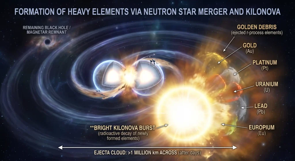 Two neutron stars merging in a kilonova, spacetime ripples and golden heavy-element debris flying outward