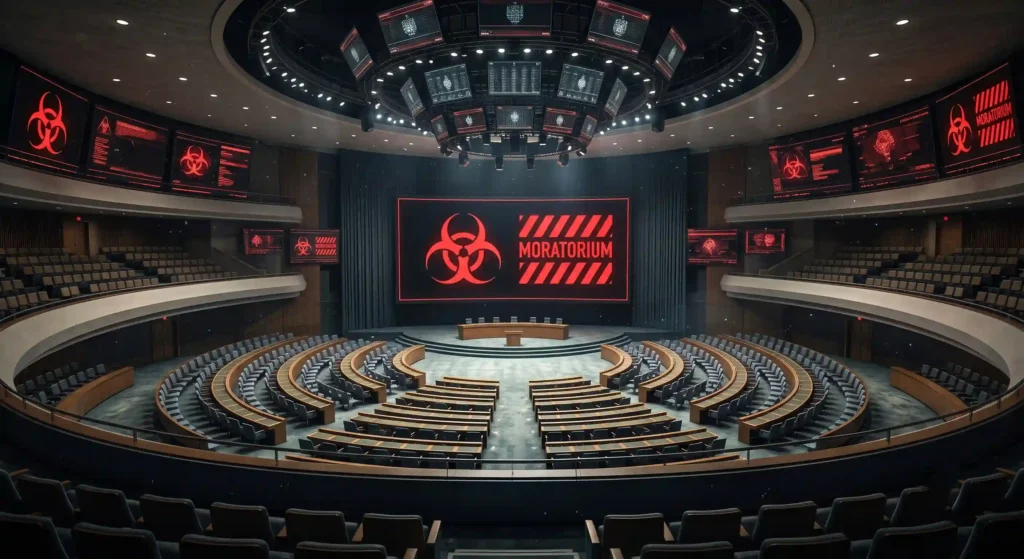 A United Nations-style assembly hall with a red biohazard warning on the main screen, symbolizing the global call for a moratorium on mirror life research.