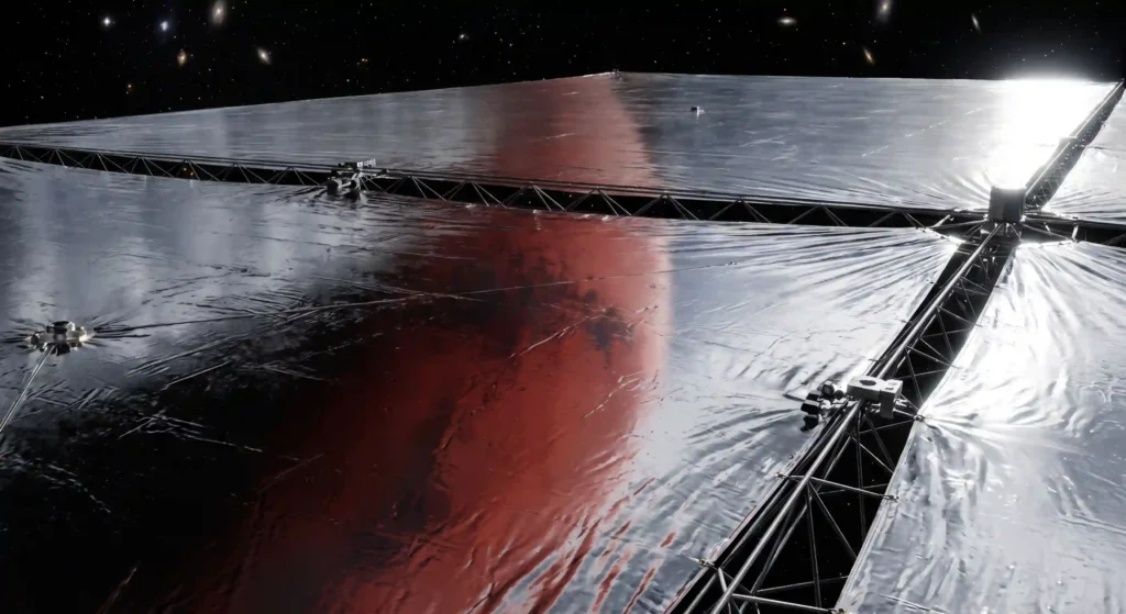 A massive, ultra-thin orbital statite mirror hovering above Mars using solar radiation pressure instead of a traditional orbit.